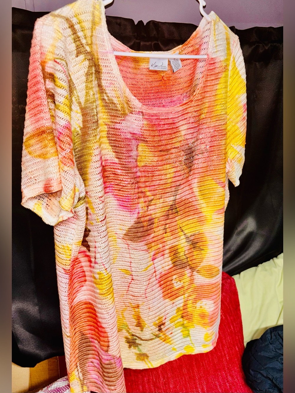 Kim Rogers Pink, Yellow & Coral Floral Open-Knit Scoop Neck Top